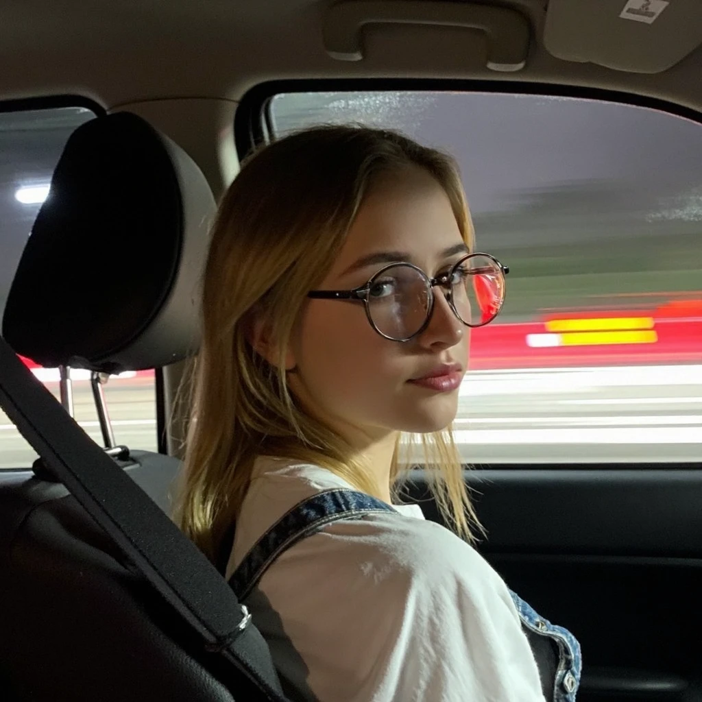 Young woman sitting in the passenger seat of a car, mid-20s, fair complexion, wearing oversized clear round glasses, long blonde hair, slightly wavy, parted in the middle, light natural makeup, soft pink lipstick, casual style, wearing a white T-shirt with denim overalls, side profile, looking towards the camera, indoor car setting, seatbelt visible. Background shows motion blur of a highway, streaks of red and white light, suggesting car in motion, artificial lighting, slightly grainy texture, amateurish quality