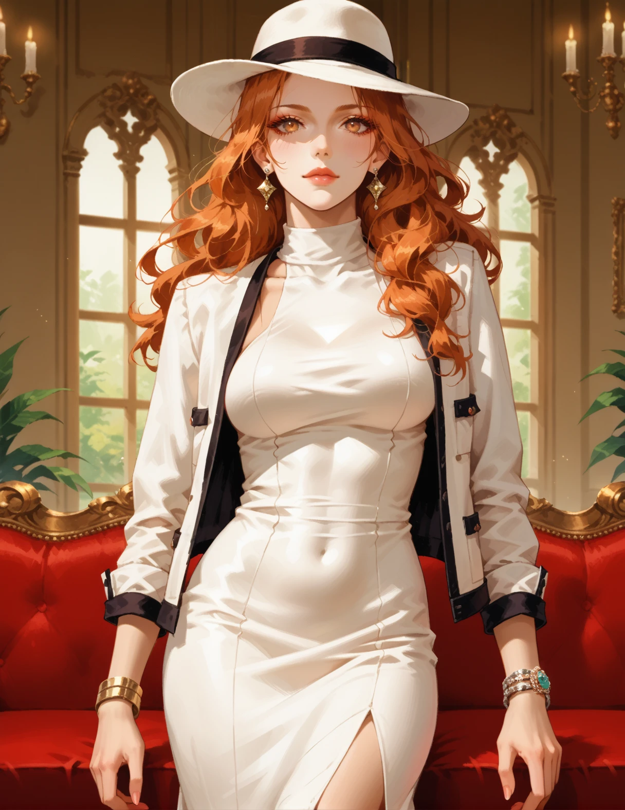 Score_9, Score_8_up,Score_7_up, Score_6_up,Score_5_up, Score_4_up, Source_anime, Rating_questionable, Persona_3 style, Shigenori_Soejima_Artwork, 1girl, large breasts, ginger hair, long hair, living room, <lora:Chanel_Classic_Outfit:0.8> white jacket, white dress, long sleeves, fashion, bracelet, hat, fedora