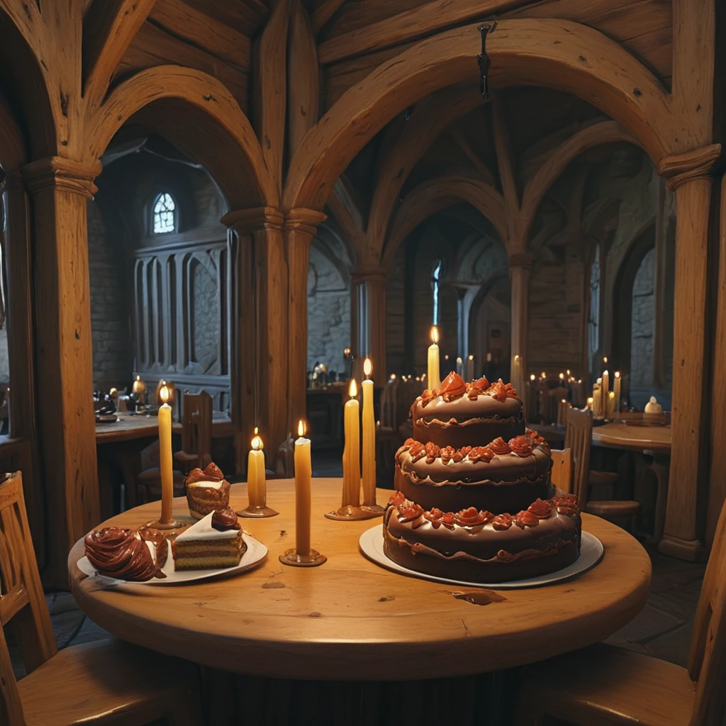 <lora:Chocoslime_DX_V8b_-_CyberRealistic_Pony:1>,score_9, score_8_up, score_7_up, beautyful color, aesthetic, chocoslime, a big chocolate cake in a medieval restaurant, wooden tables, big candles, restaurant, medieval, big cake, symmetrical, centered, realistic, (big chocolate cake:1.2)