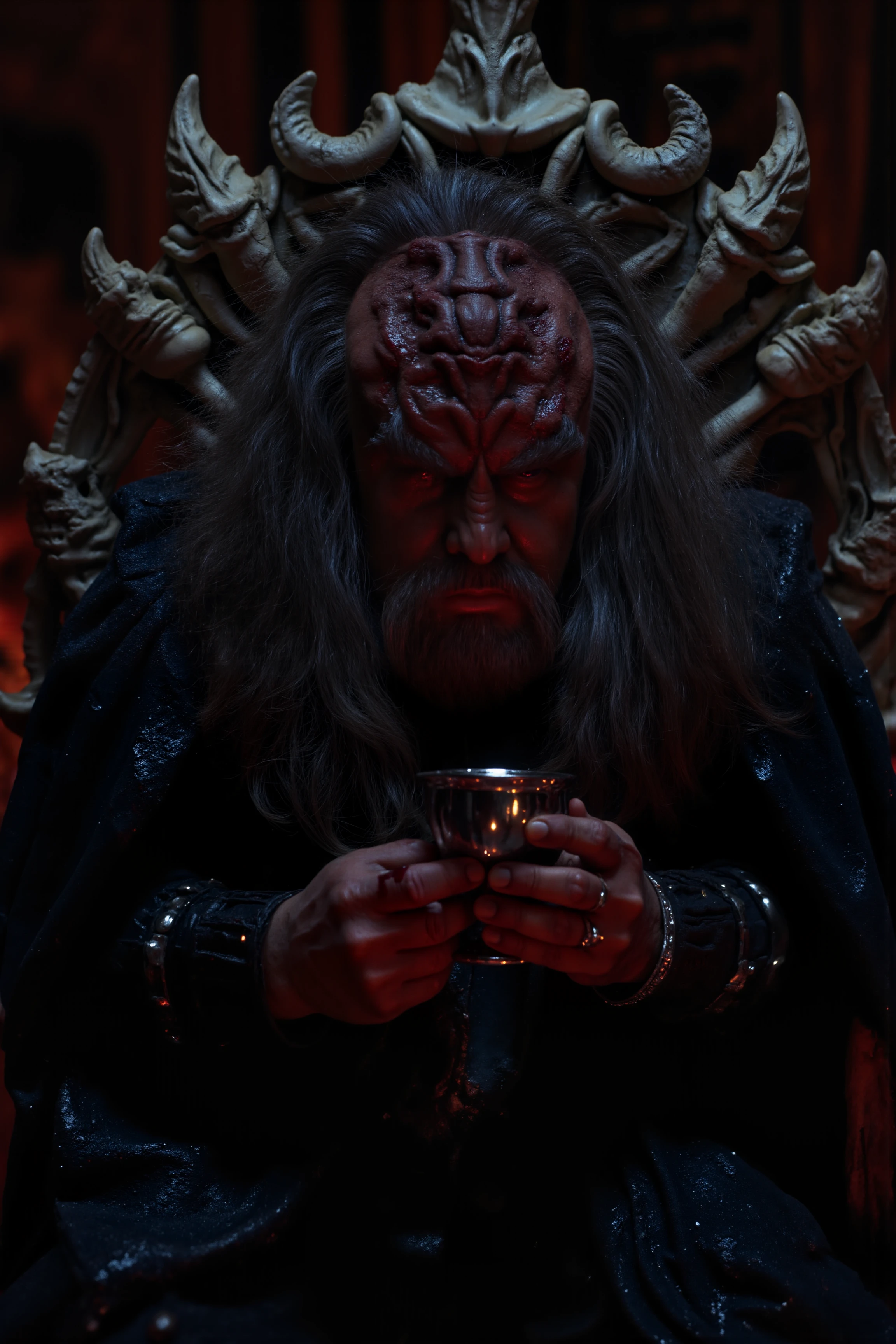 A hyper-realistic portrait, photorealistic photo close-up image of  In a dim chamber aboard a Klingon battlecruiser, a man sits on a throne of bones, his eyes glowing faintly under the cold, artificial light. Around him, trophies of war hang from the wallsâskulls, weapons, and torn banners. his batâleth rests across his knees, dripping with fresh blood, yet in his other hand, he holds a chalice. The duality of life and death is stark in this scene, as the warriorâs brutal nature contrasts with the rare tenderness in the way he holds the chalice. The air is thick with tension, the silence broken only by the distant hum of the ship's engines. his expression is unreadable, torn between the ruthless violence of his life and the delicate promise of a new beginning. (photography, high-resolution, dynamic, energetic,hyper-realistic, dramatic lighting, shallow depth of field.)<lora:aidmaMJ6.1-FLUX-V0.1:0.6><lora:Movie_Portrait><lora:Flux DetailerV2><lora:klingon_FLUX:1.1>