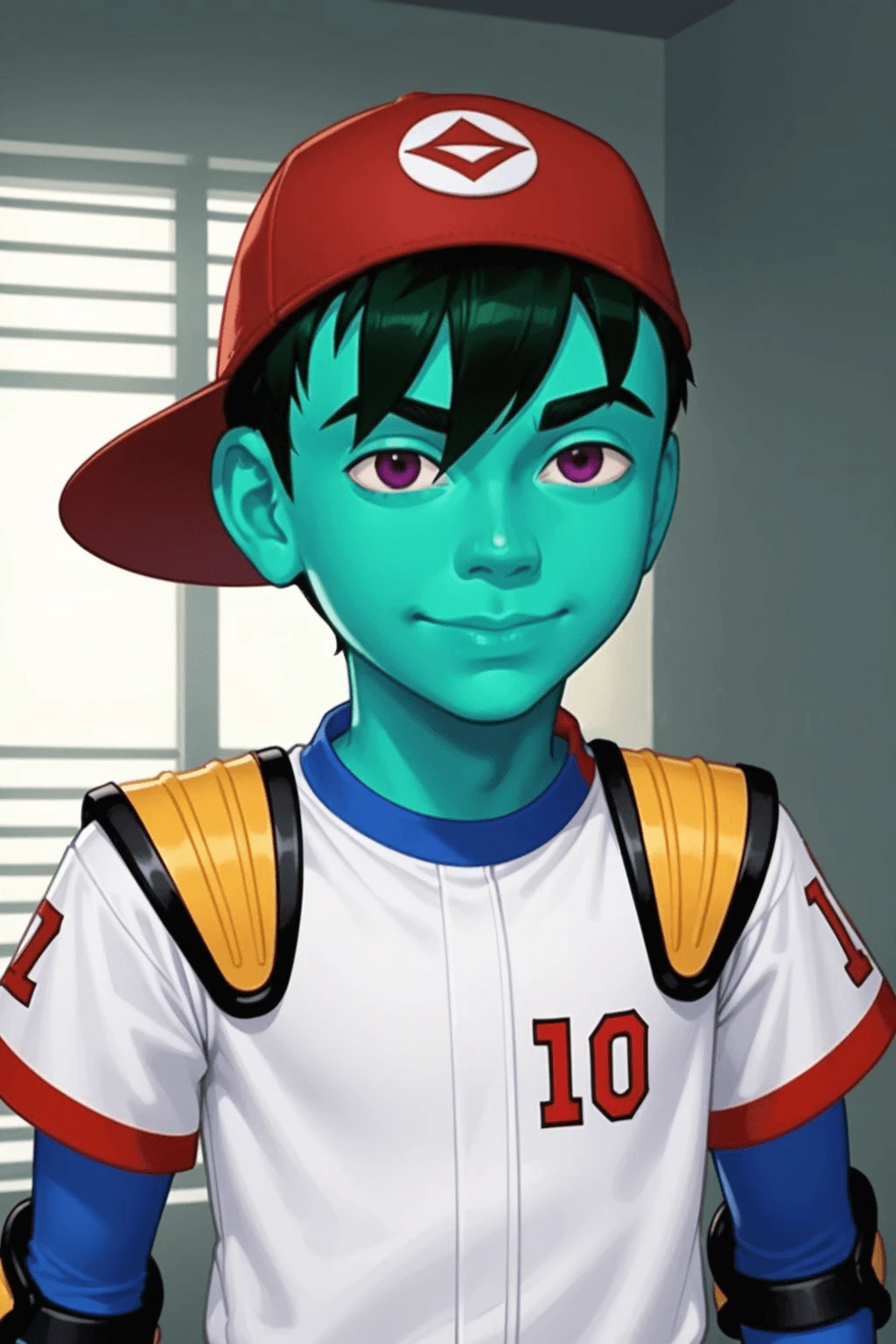 score_9, score_8_up, score_7_up, masterpiece, ((rating_safe)), high quality, highres RAW photo, ((upper body))

solo, YoungEnzoMatrixReBoot, 1boy, male focus, colored skin, green skin, baseball cap, backwards hat, sportswear, shoulder pads, elbow pads, <lora:YoungEnzoMatrixReBoot-000015:0.7>

smile, smirk, arrogant, confident, (heroic pose, dynamic angle)

indoors, dynamic lighting