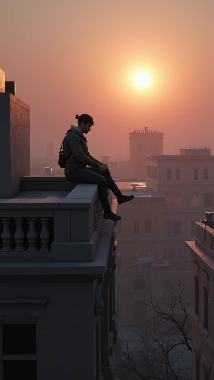 A lone denizen sits atop a rooftop, gazing over the abandoned cityscape as the sun sets  , aidmaDeadlock