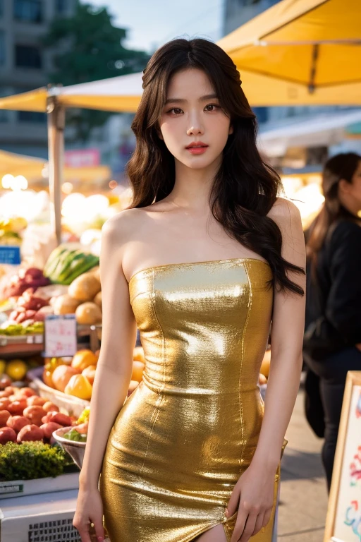 masterpiece, best quality, ultra-detailed, ultra high res, (photorealistic:1.4), raw photo, (realistic:0.2), 8k HDR, realistic cool temperature lighting, (asian:0.2), 1girl, solo, asymmetrical hair, outdoor, (traditional market:1.2), bokeh, (detailed lips), (detailed pores), (detailed skin textures), (detailed face:1.2), (body:1.2), a woman in a strapless tube dress, promotional image, a character portrait, thigh gap,