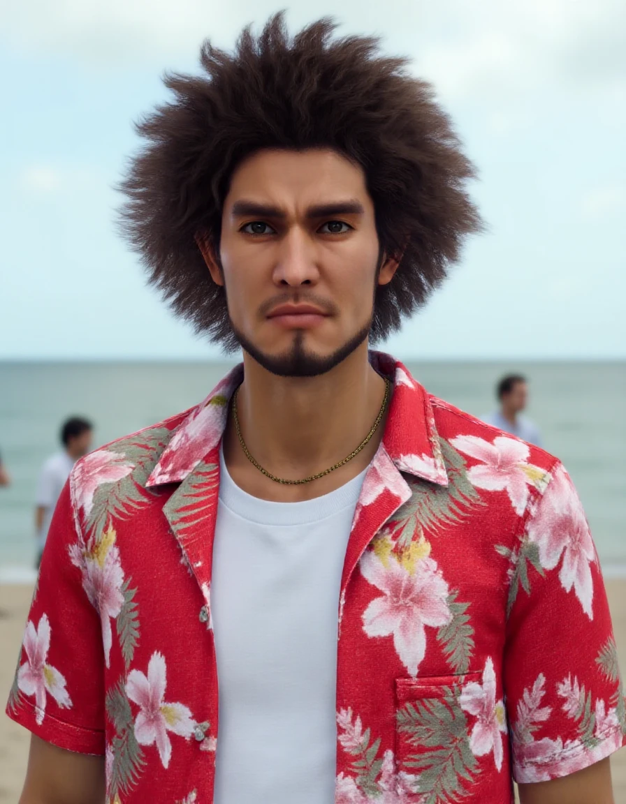 Upper body photo of ichbnksg wearing a gold necklace and red short-sleeved shirt with tropical flower motif and white t-shirt underneath. His hair is styled in afro and he has a serious expression. The background implies a tropical beach at daytime. <lora:Ichiban_Kasuga_-_Flux:1>