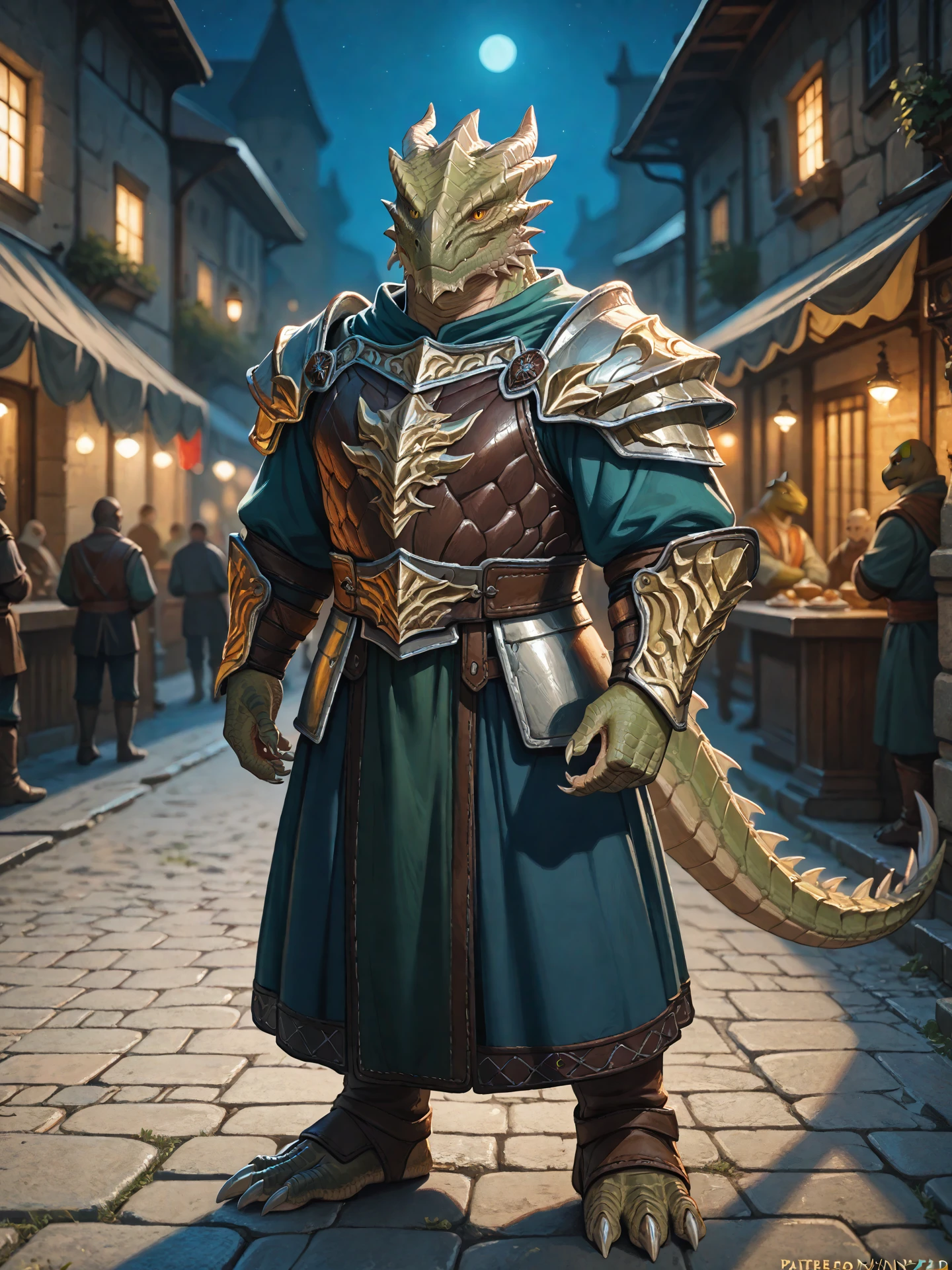 anthro, dragonborn (dnd), scalie, reptile, dragon, green body, yellow eyes, male, (armored), plate armor, dnd, medieval, (street), standing, outdoor, (night), full-length portrait, detailed scale, <lora:thedarkurge_pdxl_v1:0.6> 
 BREAK score_9_up,score_8_up,score_7_up.