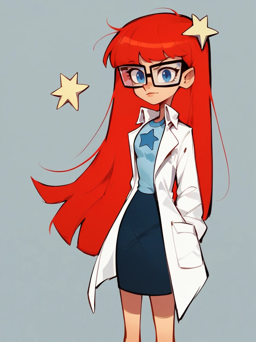 score_9, score_8_up, score_7_up, score_6_up, score_5_up,  <lora:SusanMarytestXLP:1> jt, labcoat, glasses, red hair, long hair, susan test, 1girl, blue eyes, star (symbol), skirt, solo