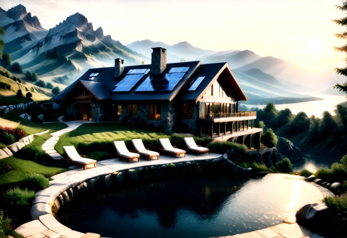 ultra-realistic image with high resolution and stable focus, correct and accurate anatomy, correct and accurate objects, different perspective, perfect detail, of architectural style of a house built of stone and wood merged with nature and designed for ecological neutrality, over a hill in the mountains, wide porch, table and chairs, barbecue, fire pit, swimming pool, dug into the rocks, grass covered roof, steps, stone path, waterfall, lake, river, ultra realism, photo realism, single story, multi story, pitched, wind generators, solar panels, sunset, birds in the sky