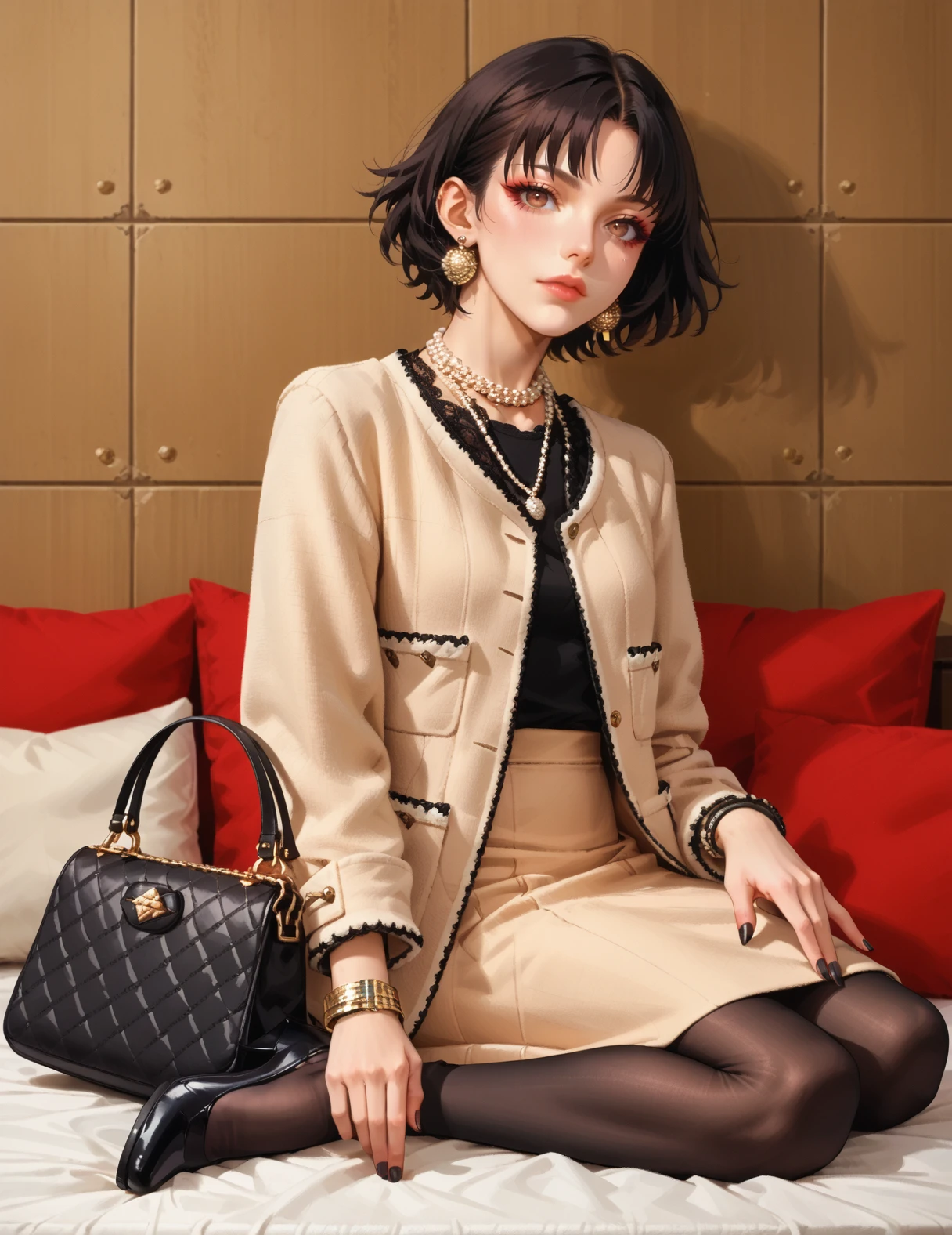 Score_9, Score_8_up,Score_7_up, Score_6_up,Score_5_up, Score_4_up, Source_anime, Rating_safe, Persona_3 style, Shigenori_Soejima_Artwork, 1girl, sit on bed, handbag, bag, black nails, black hair, bobcut, side view, black footwear, <lora:Chanel_Classic_Outfit:0.8> beige jacket, beige skirt, long sleeves, fashion, bracelet, pearl necklace, earrings