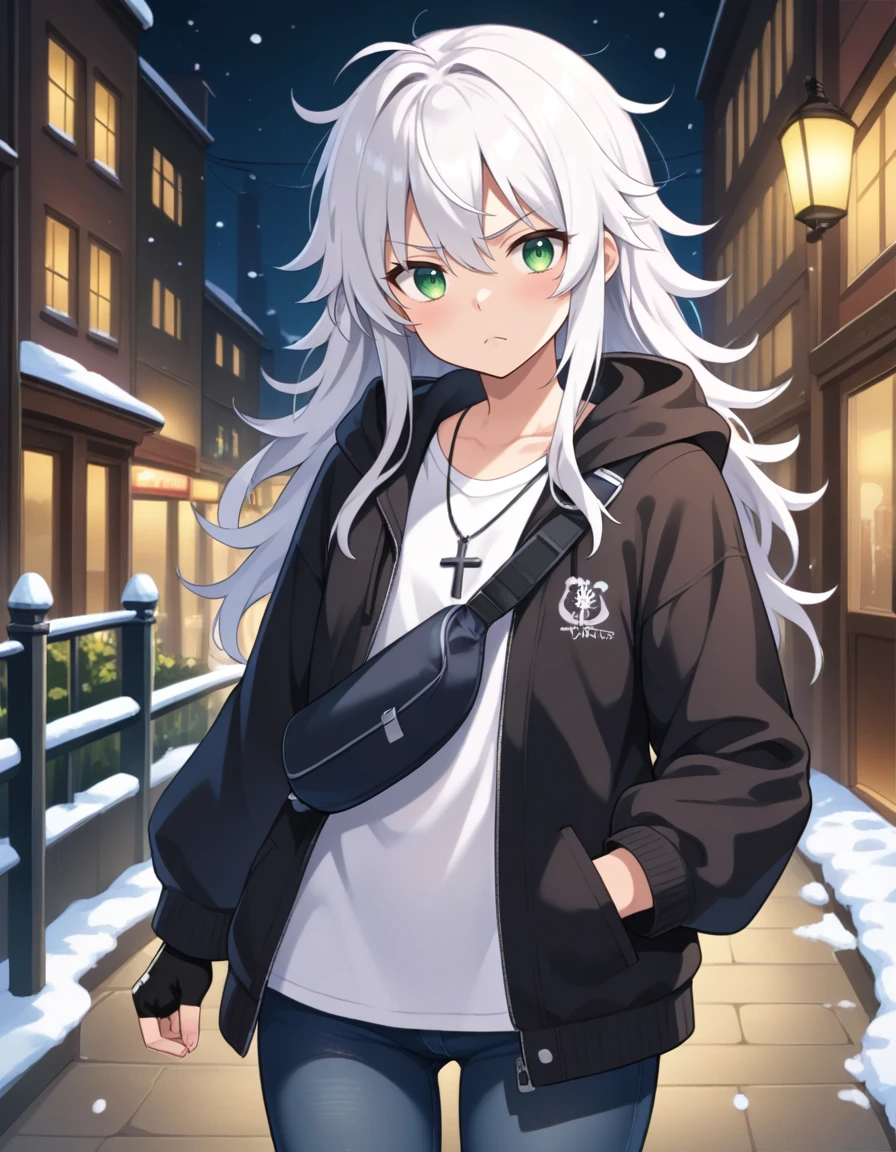 masterpiece, best quality, good quality, 
1girl, frown, cowboy shot, night, snow, city, street, white hair, green eyes, long hair, messy hair, waist bag, hand on pocket, fingerless gloves, white T-shirt, jeans, cross necklace, black jacket, full zip, hooded,