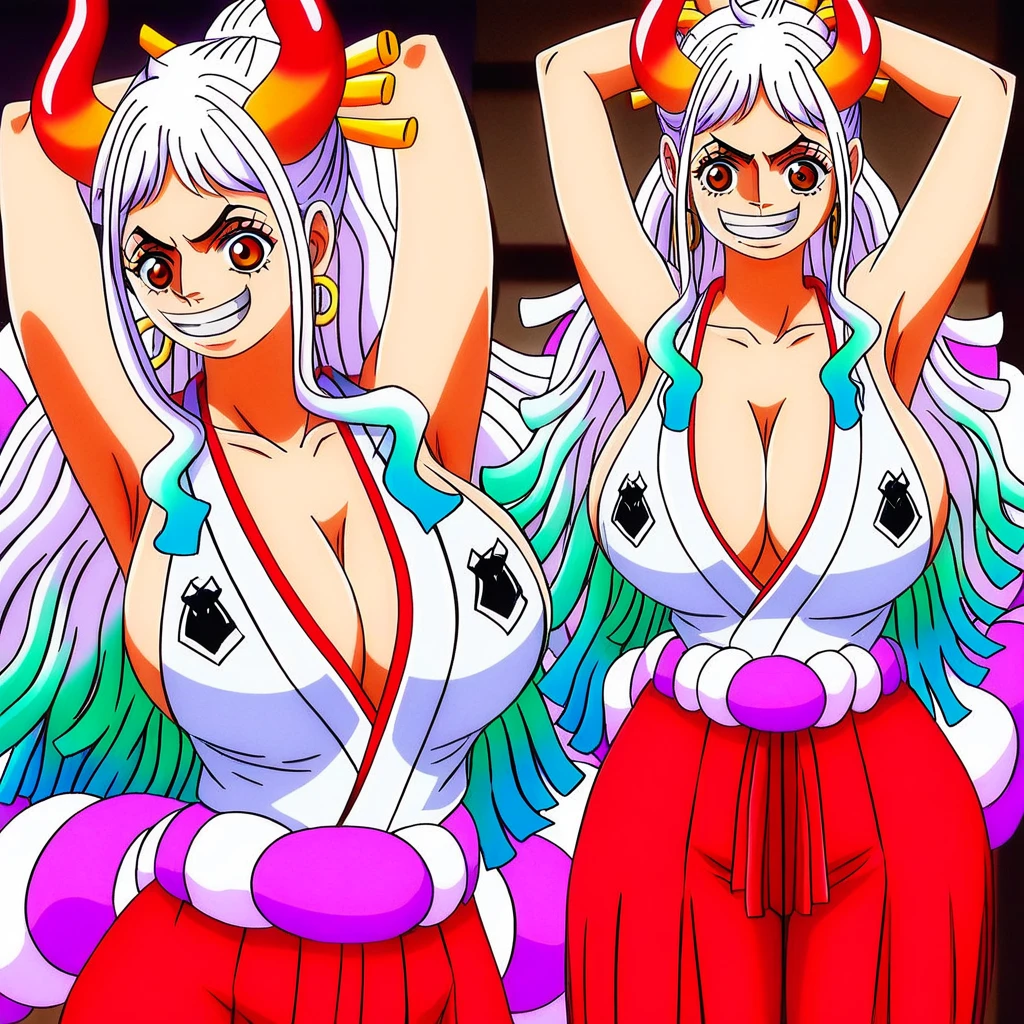 Yamato from one piece torn her clothes with large breast showing pussy standing in palace 4K white hair red eye thick hips wide hips smooth skin smile bubble ass very sexy in simi ancient Greek clothes torn apart
