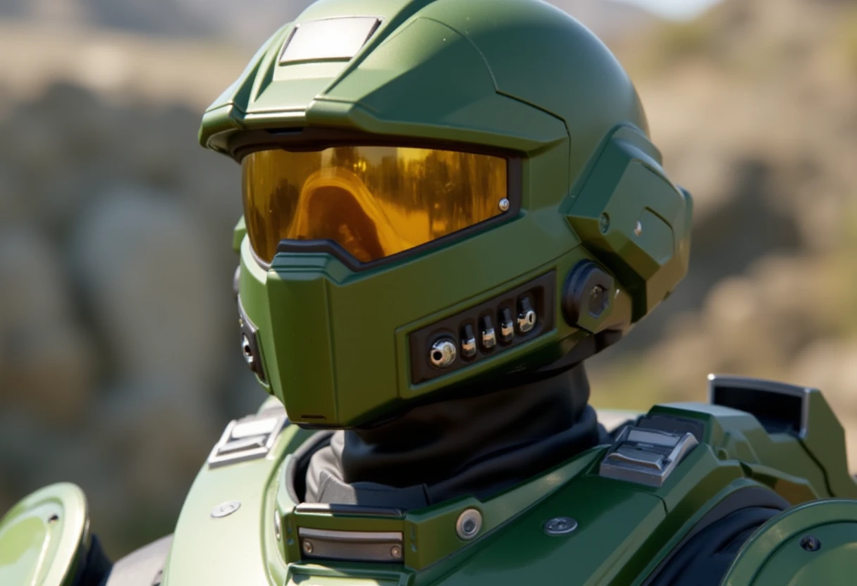 The main character of the Halo franchise wearing his green Mark 2 armor from Halo 2. His gold visor is draped by an armored hood to block sunlight.