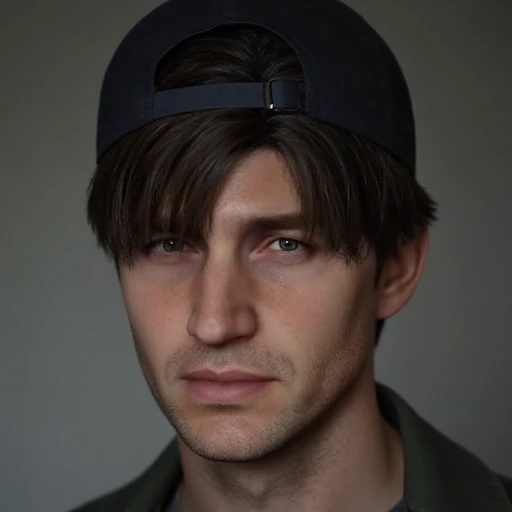 straight, dark brown hair that is slightly messy, a young adult male, styled in a bob cut. Her skin is fair with a slight sheen, and his facial hair is sparse., accentuated by subtle makeup, wearing a dark blue baseball cap worn backward, with a slight sheen