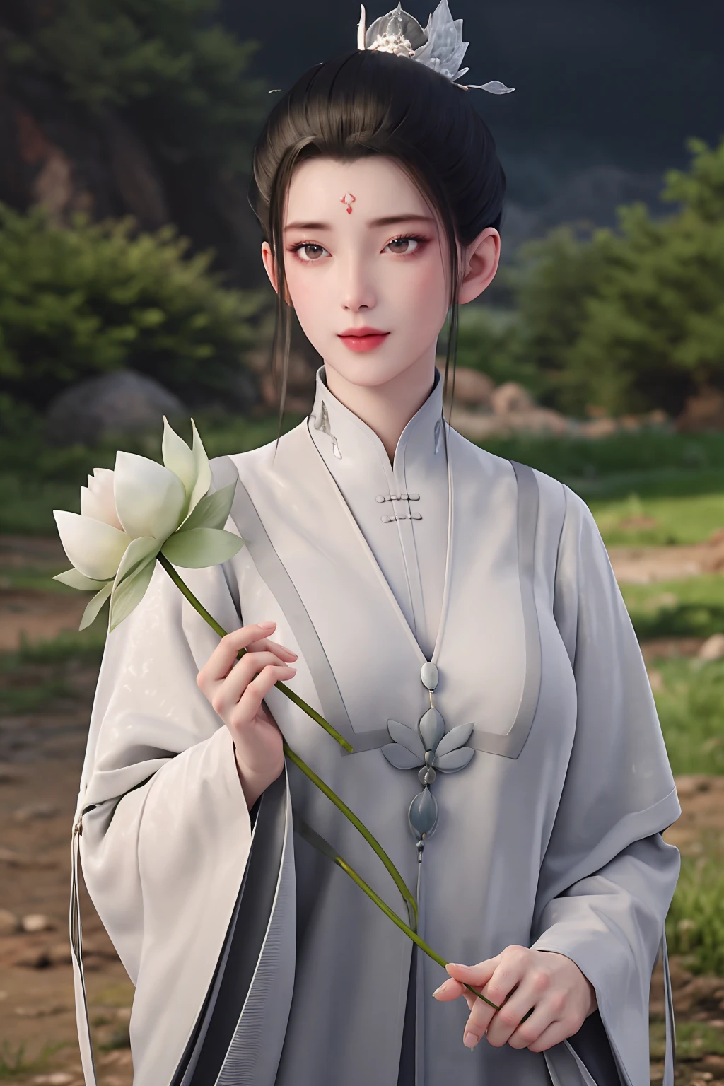 best quality,highres,realistic,absurdres,masterpiece,4k,perfect hands,looking at viewer,
<lora:è´ºå°åè¿åç_v1.0:0.7>,1girl,black hair,blurry background,chinese clothes,forehead,holding,holding flower,holding food,jewelry,outdoors,photo background,upper body,shiny clothes,satin dress,dark,night,