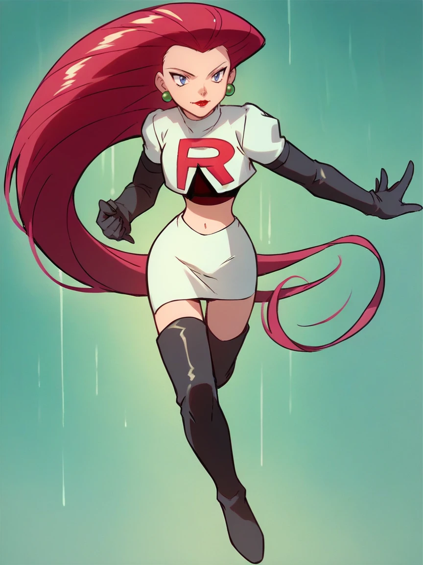 score_9, score_8_up, score_7_up, score_6_up, score_5_up,  <lora:JessieTR:1> jessietr, 1girl, hair slicked back, solo, long hair, team rocket uniform, red hair, blue eyes, red lips, skirt, thigh high boots, full body,