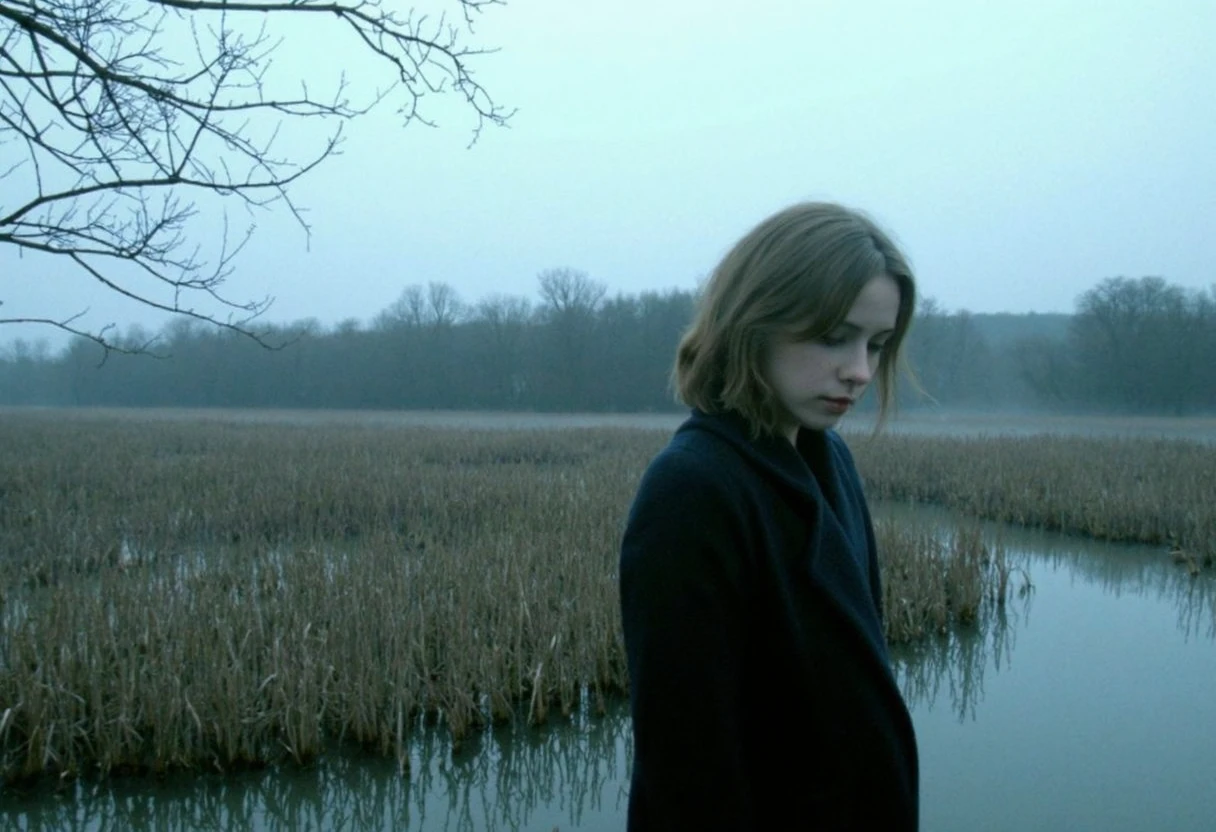 Young woman, mid-20s, light brown wavy hair, fair skin, wearing a dark oversized coat, standing in profile with head slightly bowed, somber expression, no visible makeup, natural look, scene set in an outdoor marshland, visible reeds and bare trees, overcast sky, mist in the background, muted earthy tones, soft lighting, capturing a serene, introspective mood, low lighting, eerie sky and atmosphere, amateurish photo quality