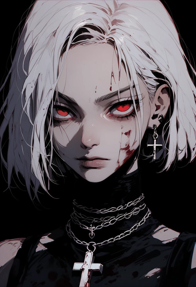 score_9, score_8_up, score_7_up, flat color, gthan, gothic, jewelry, red eyes, solo, blood, earrings, cross, 1girl, black background, looking at viewer, portrait, short hair, necklace, blood on face, cross necklace, simple background, spot color, closed mouth, white hair, cross earrings