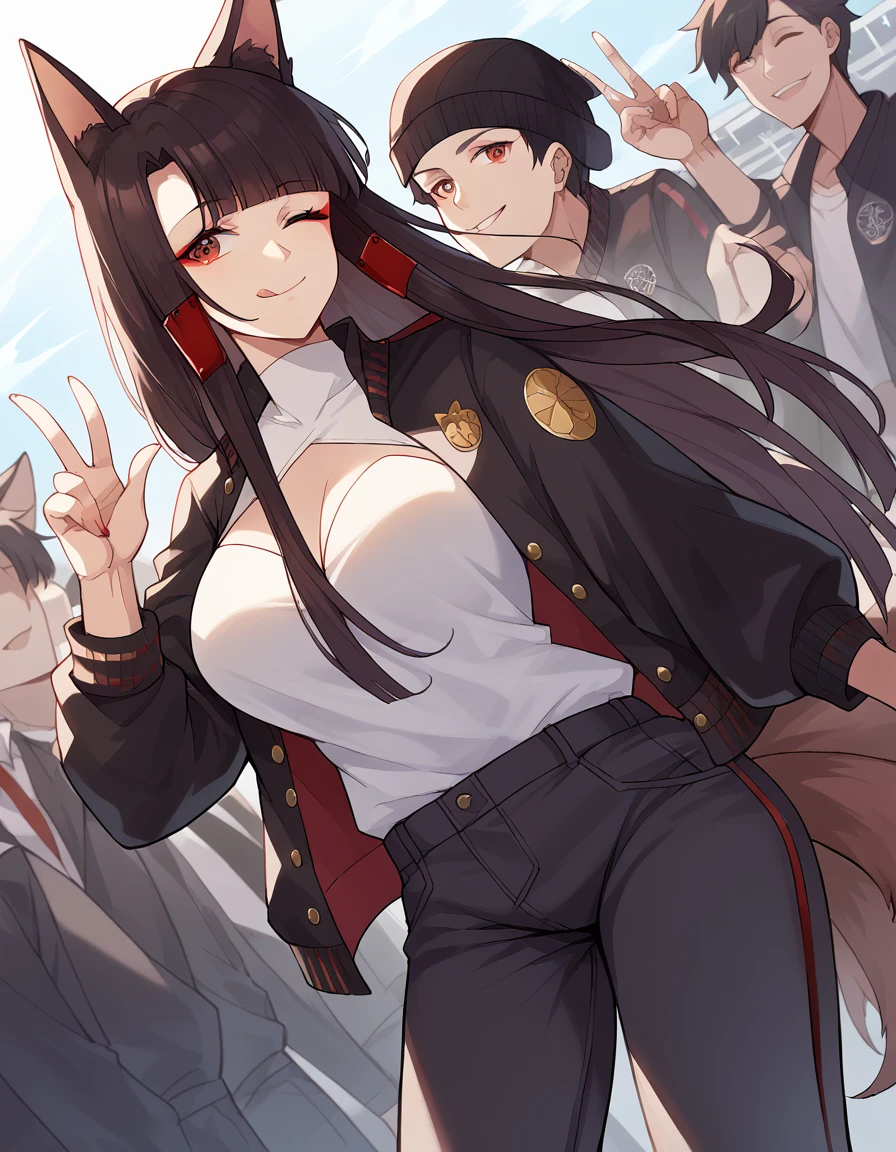 score_9, score_8_up, score_7_up, source_anime, <lora:azurlane-akagi-ponyxl-lora-nochekaiser:1>, akagi, akagi (azur lane), animal ears, black hair, eyeliner, fox ears, fox tail, large breasts, long hair, makeup, multiple tails, red eyeliner, red eyes, tail, parted bangs, blunt bangs, <lora:letterman-jacket-ponyxl-lora-nochekaiser:1>, letterman jacket, jacket,, outdoors, crowd, people, v, v over eye, one eye closed, tongue out, smile, beanie, pants, open clothes, open jacket, , dutch angle,