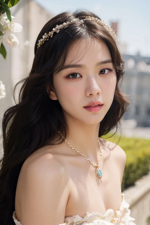 a high-resolution, softly lit photograph featuring a young Asian woman with a delicate, ethereal appearance. She has long, wavy hair in a soft pink hue, styled with bangs that frame her face. Her skin is a smooth, pale complexion, and her eyes are a striking feature, with a subtle, shimmery effect that catches the light. Her lips are painted a soft, muted pink, and she wears a delicate, beaded necklace around her neck. The background is a soft, creamy white, which helps to emphasize the subject's delicate features and the soft pastel colors of her hair and accessories. The image is rich in texture and detail, with a focus on the subject's serene and dreamy expression. The overall aesthetic is whimsical and romantic, evoking a sense of innocence and vulnerability. The photograph's soft focus and pastel colors create a dreamy, ethereal atmosphere, perfect for a fantasy or fairy tale-inspired setting. The subject's delicate features and accessories, such as the floral headpiece, add to the enchanting and otherworldly quality of the image. The style is reminiscent of high-fashion photography, with a focus on delicate, feminine beauty.