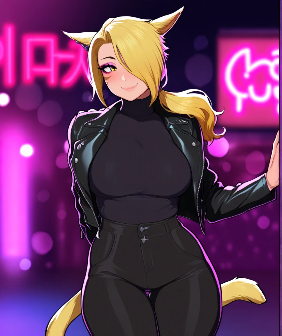 masterpiece, best quality, very aesthetic,gloss, uncensored,
BREAK
1girl,miqo'te,cat tail,cat ears,blonde hair,long hair,low ponytail,hair over one eye,yellow eyes,large breasts,smile, cowboy shot, nightclub, neon lights, bokeh, depth of field, makeup, leather jacket, turtleneck, high waist pants
 <lora:afrobull_ill-fandango:0.8>