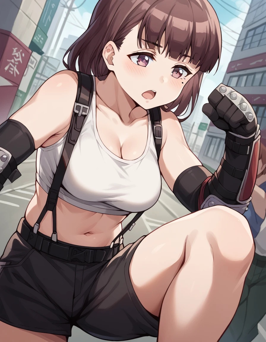 score_9, score_8_up, score_7_up, source_anime, <lora:hazuki-morikawa-s1-ponyxl-lora-nochekaiser:1>, hazuki morikawa, brown hair, purple eyes, medium hair, mole, mole under eye, medium breasts,, <lora:tifa-lockhart-cosplay-ponyxl-lora-nochekaiser:1>, tifalockhartcosplay, tifa lockhart (cosplay), suspender skirt, suspenders, navel, midriff, white tank top, cleavage, elbow pads, crop top, tank top, shorts, short shorts, collarbone, gloves, elbow gloves,, cityscape, street, blush, open mouth, fighting stance, leg lift, leg up, , dutch angle,