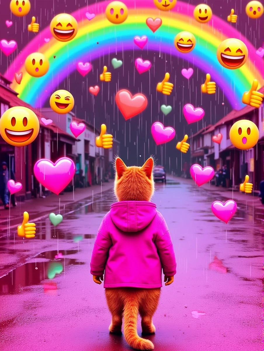 pirai, A scene where it’s raining colorful emojis instead of water. Smiley faces, thumbs up, and heart emojis are falling from a bright rainbow arching across the sky. A cat in a raincoat stands on the street below, watching the emojis bounce as they hit the ground. The puddles are reflecting all the rainbow colors, giving the scene a surreal, dreamlike quality.