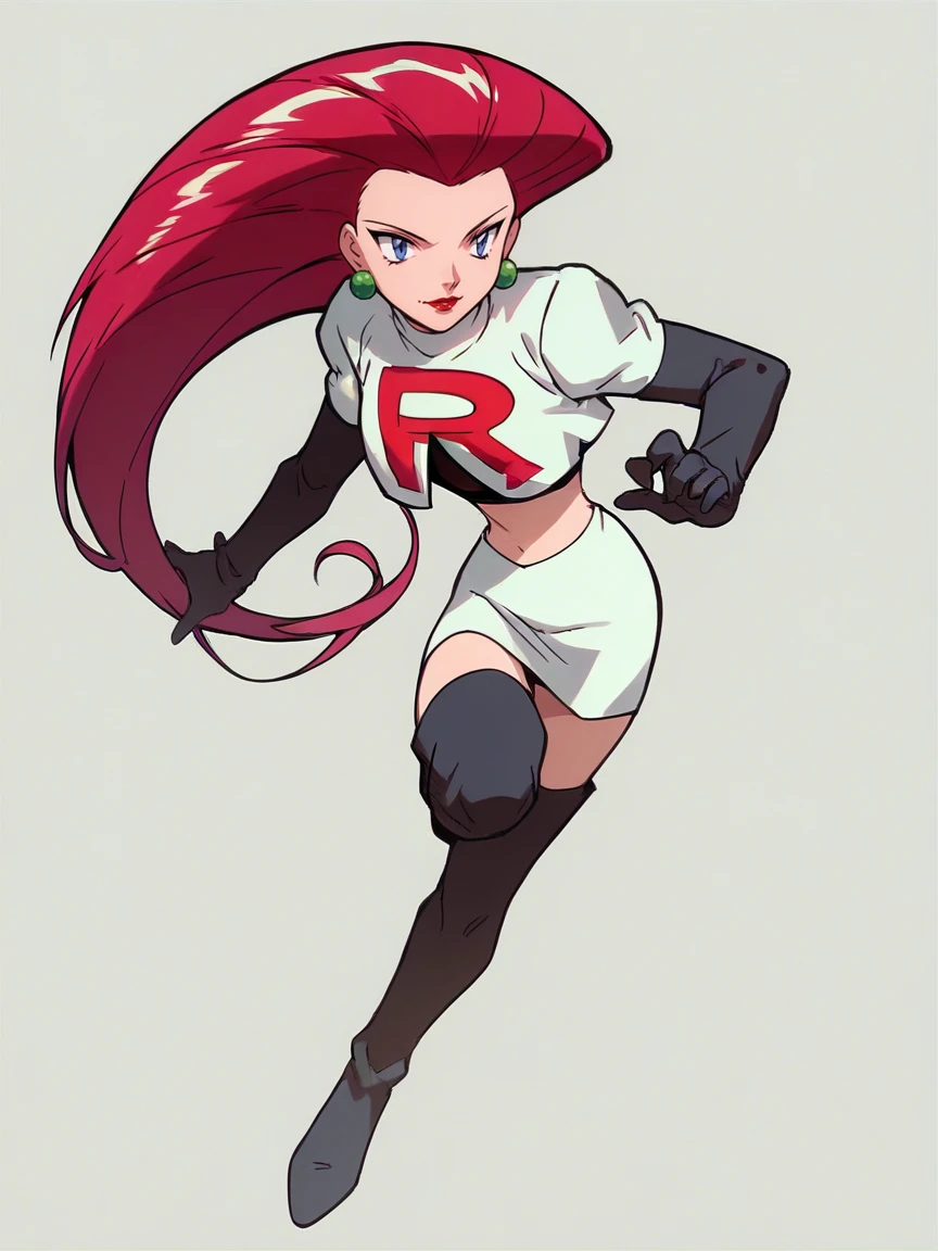 score_9, score_8_up, score_7_up, score_6_up, score_5_up,  <lora:JessieTR:1> jessietr, 1girl, hair slicked back, solo, long hair, team rocket uniform, red hair, blue eyes, red lips, skirt, thigh high boots, full body,