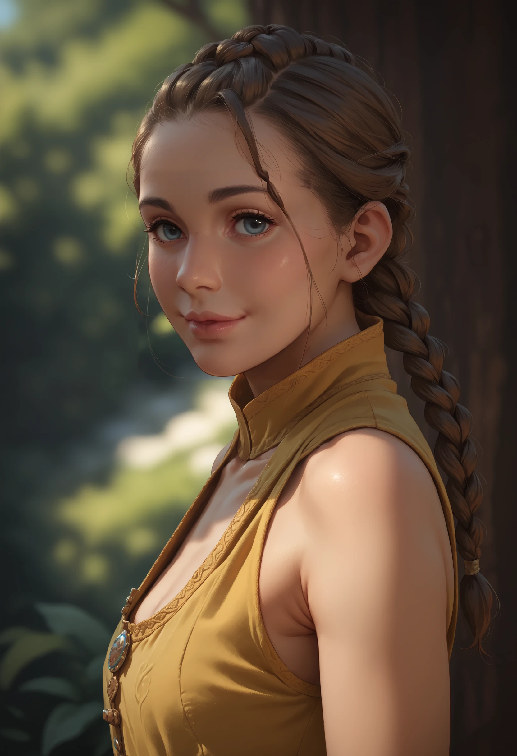 score_9, score_8_up, score_7_up, score_6_up, score_5_up, score_4_up, <lora:AmiciaPTR:0.8> 1girl, brown hair, blue eyes, long hair, braid, lips, wearing a dress, yellow dress, bare arms, upper body, looking at viewer, smile, from side, 
forest background,