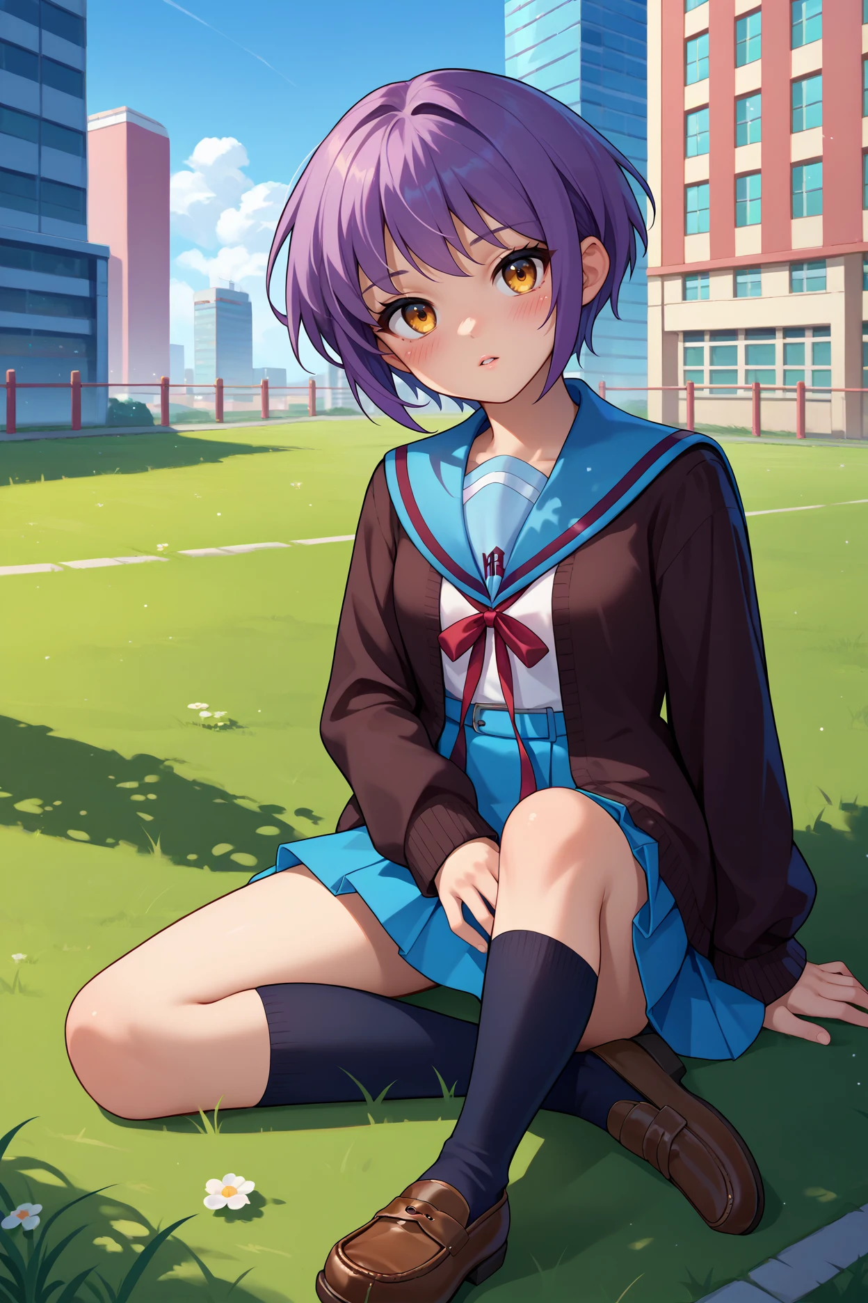 score_9, score_8_up, score_7_up, score_6_up, source_anime, 1girl, solo,  <lora:nagatoyuki-pdxl-nvwls-v1-000005:1> yukinagato, purple hair, short hair, amber eyes, black cardigan, blue sailor collar, white shirt, neck ribbon, pleated skirt, blue skirt, black socks, kneehighs, loafers, sitting, on ground, grass, blue sky, city, looking at you, parted lips, blush, full body