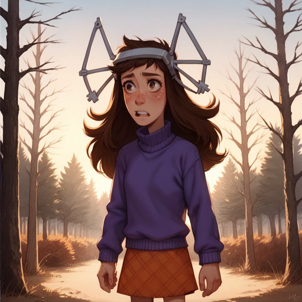 score_9, score_8, score_7, break, shannon_rj, brown hair, long hair, head gear, freckles, skirt, sweater, outdoors, tree, natural lighting