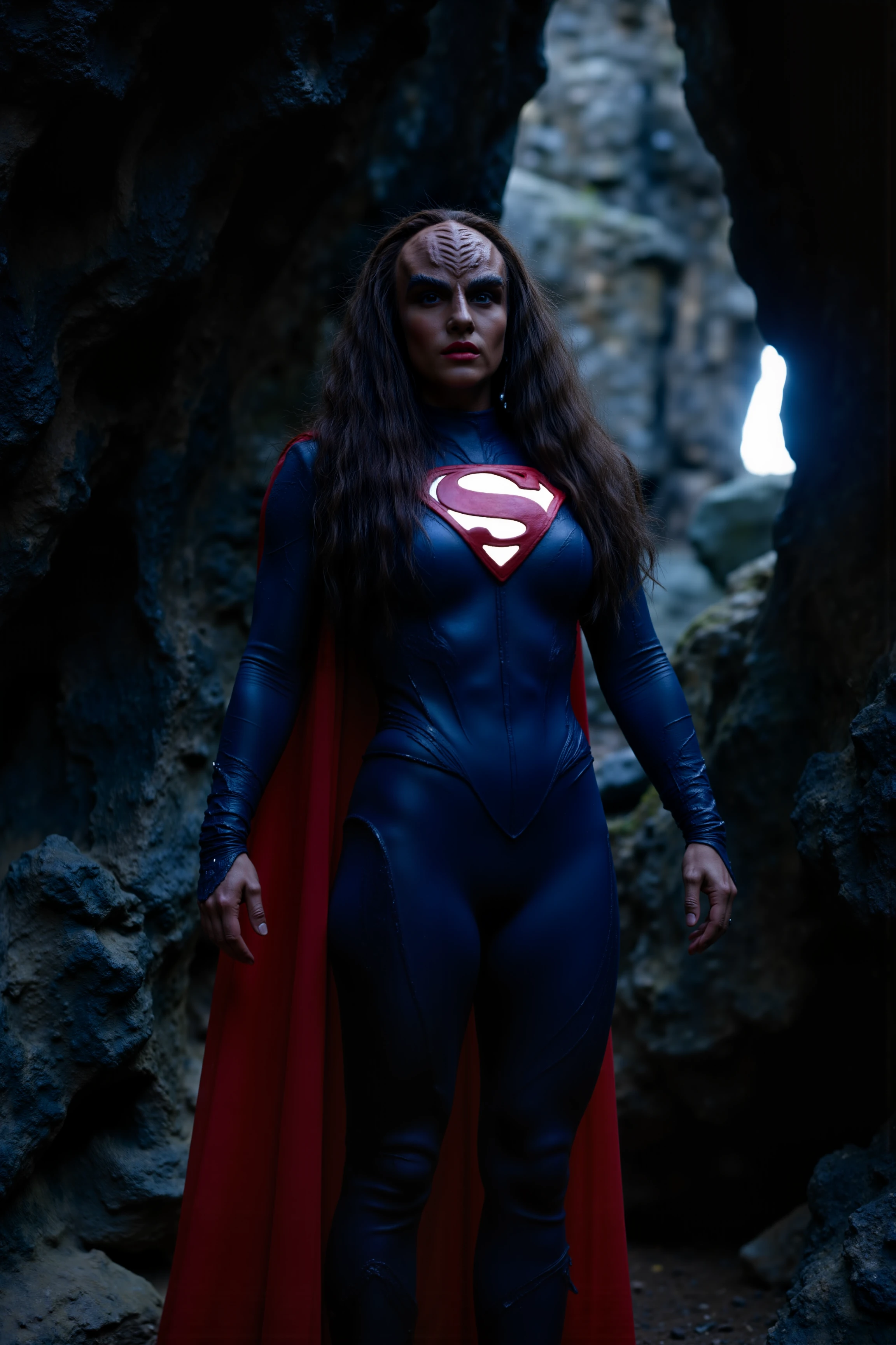 A hyper-realistic photorealistic full body photo of In a dimly lit cave, a Klingon woman stands tall, her muscular frame wrapped in a tight, iconic blue and red Superman costume. The red cape flows behind her, slightly tattered from her journey through the rugged mountains. Her dark, ridged forehead furrows in determination, while her sharp, fierce eyes glow faintly in the cave's shadowy depths. The bright "S" symbol on her chest shines boldly against the backdrop of jagged rocks and stalagmites, standing out in stark contrast to the cold, earthen tones around her. The wind howls outside, carrying with it the echo of her peopleâs warrior songs, but here in the cave, only silence reigns. A single ray of moonlight filters in through a crack in the cave ceiling, casting an ethereal glow on her imposing figure. Her clenched fists rest by her sides, ready for battle, her cape barely moving in the still, tense air. Behind her, ancient cave paintings tell stories of battles long past, as if acknowledging her presence among the legends. The scene is one of both quiet solitude and immense power, a lone warrior confronting the depths of her soul in a place as ancient and relentless as she is. (photography, high-resolution, dynamic, energetic,hyper-realistic, dramatic lighting, shallow depth of field.)<lora:aidmaMJ6.1-FLUX-V0.1:0.6><lora:Movie_Portrait><lora:Flux DetailerV2><lora:klingon_FLUX:1.1>