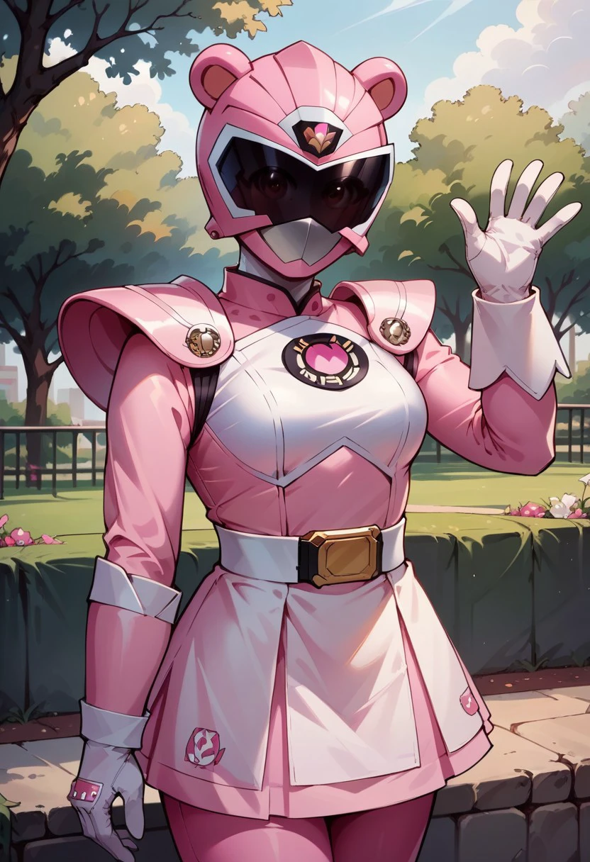 score_9, score_8_up, score_7_up, score_6_up, 1girl, pink bear themed ssentai helmet, black visor, pink ssentai bodysuit, medium breasts, white gloves, waving, white ssentai belt, pink ssentai skirt, ssentai shoulder armor, portrait, in park,  Style-DoF, hands