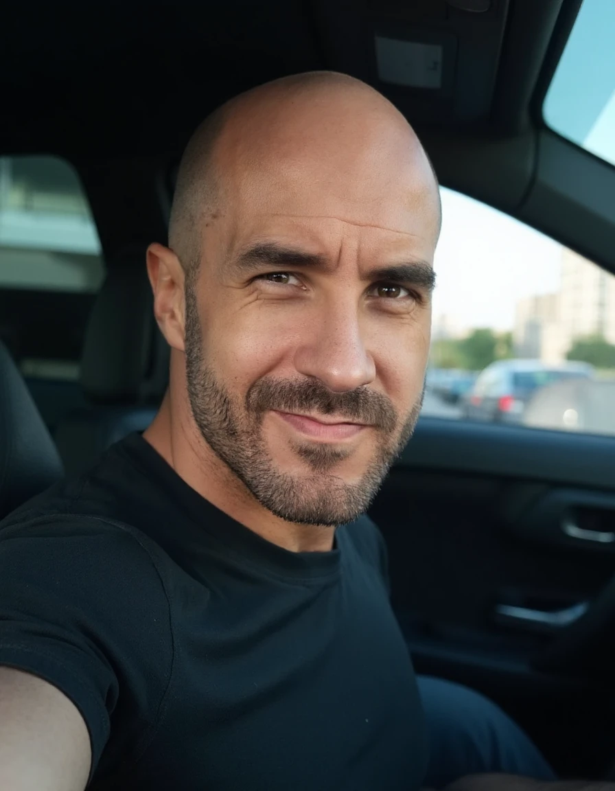 c35ar0 This is a photograph of a handsome muscular man taking a selfie in the car. He is bald with a beard. He is wearing a black shirt. His facial expression is a confident smirk. The car is a nice black leather interior. Everything is clean. Outside it's a beautiful day in the city.  Depth of field, 4k, highly detailed, clear focus, high resolution, photograph <lora:flux_realism_lora:0.7> <lora:Cesaro_WWE_FLUX_r1:1>