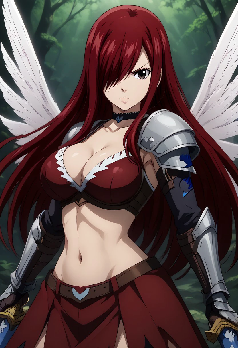 1girl, solo, erza scarlet, fairy tail, red hair, brown eyes, breasts, weapon, navel, sword, holding, long hair, armor, cleavage, hair over one eye, dual wielding, wings, large breasts, midriff, choker, looking at viewer, gauntlets, holding weapon, holding sword, dynamic angle <lora:erza:0.7><hypernet:sgqo1n:1.0>