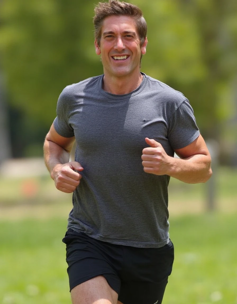 d4v1dmu1r This is a photograph of a handsome man running at the park. He has beautiful brown hair and a 5 o clock shadow. He is sweaty. He is wearing a grey compression shirt and some black shorts. He is a little flushed from the run. His facial expression is happy. It's day in the park. It's a lovely, sunny day.  4k, highly detailed, clear focus, high resolution, photograph <lora:flux_realism_lora:0.7>  <lora:David_Muir_FLUX:1>