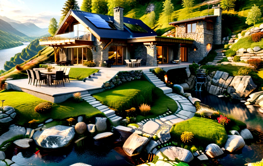 ultra-realistic image with high resolution and stable focus, correct and accurate anatomy, correct and accurate objects, different perspective, perfect detail, of an architectural style of a house built of stone and wood merging with nature, designed for ecological neutrality of natural materials, over a hill in the mountains, wide veranda, table chairs, barbecue, fire pit, swimming pool, dug into the rocks, covered with grass, steps, stone path, waterfall, lake, river, ultra realism, photo realism, single story, multi story, sloping, wind generators ,solar panels,sunset,birds in the sky <lora:fairytale_and_mythical_characters_r1:0.4> <lora:MJ52_v2.0:0.8> <lora:xl_more_art-full_v1:1>