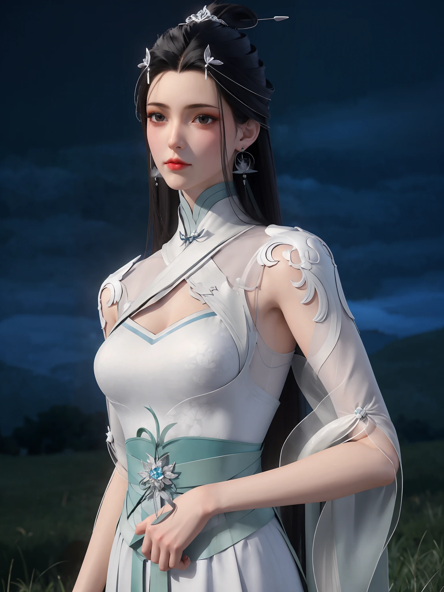 best quality,highres,absurdres,realistic,masterpiece,4k,
<lora:xiaoqingxue:0.7>,xiaoqingxue,1girl,solo,upper body,dress,earrings,black hair,white dress,jewelry,long hair,night,hair ornament,sky,clothing cutout,grass,closed mouth,
(pale skin:1.2),(narrow waist:1.1),skinny,blurry background,star \(sky\),simple background,