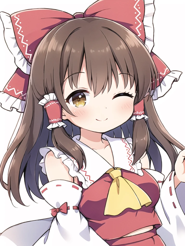 1girl,;d,bangs,big hair frilled bow,breasts,brown eyes,closed mouth,frilled hair tubes,fruit,hakurei reimu,looking at viewer,one eye closed,red skirt,ribbon-trimmed detached wide sleeves,shawl tops,simple background,sky,smile,solo,upper body,yellow ascot,<lora:Hakurei reimu_2024.9.23_version2:0.45>,