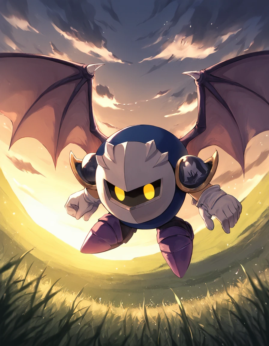 score_8_up
 <lora:Metaknight:0.8> Metaknight, 1boy, solo, yellow eyes, mask, wings, bat wings, shoulder armor, gloves, no humans
dark sky, field