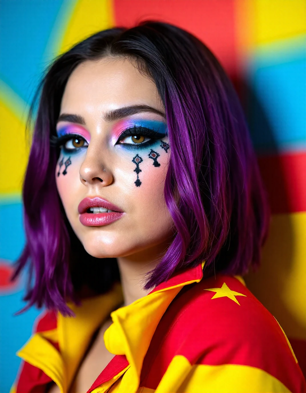 (best quality, 4K, 8K, high-resolution, masterpiece), ultra-detailed, photorealistic, striking young woman, bold Neo-Gothic makeup, bold Neo-Gothic hair, vibrant Pop Art inspired outfit, intricate facial designs, modern fashion, high fashion, vibrant colors