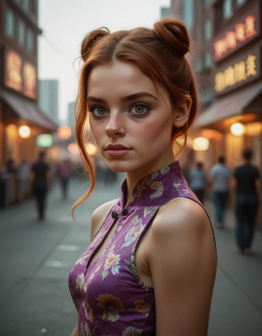 ATRX_MANUELA_PONY, wearing purple floral Cheongsam dress, bare arms, fiery auburn red hair in messy bun held in place by chopsticks, hazel eyes, alone in cyberpunk futuristic oriental city, dim alleyway market, photorealistic, highly detailed
<lora:atrx-manuela-pony-v01:0.8>
<lora:LowReal_XL_Pony:0.05>