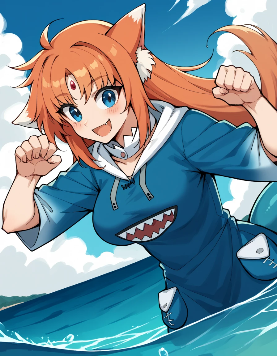 score_9, score_8_up, score_7_up, source_anime, <lora:arf-testarossa-movie2-ponyxl-lora-nochekaiser:1>, arf testarossa, long hair, blue eyes, orange hair, forehead jewel, animal ears, wolf ears, large breasts,, <lora:gawr-gura-cosplay-ponyxl-lora-nochekaiser:1>, gawrguracosplay, gawr gura (cosplay), shark hood, shark costume, blue hoodie, shark tail, animal hood, fish tail,, outdoors, ocean, water, submerged, smile, blush, paw pose, open mouth, fangs, sharp teeth,, , dutch angle,