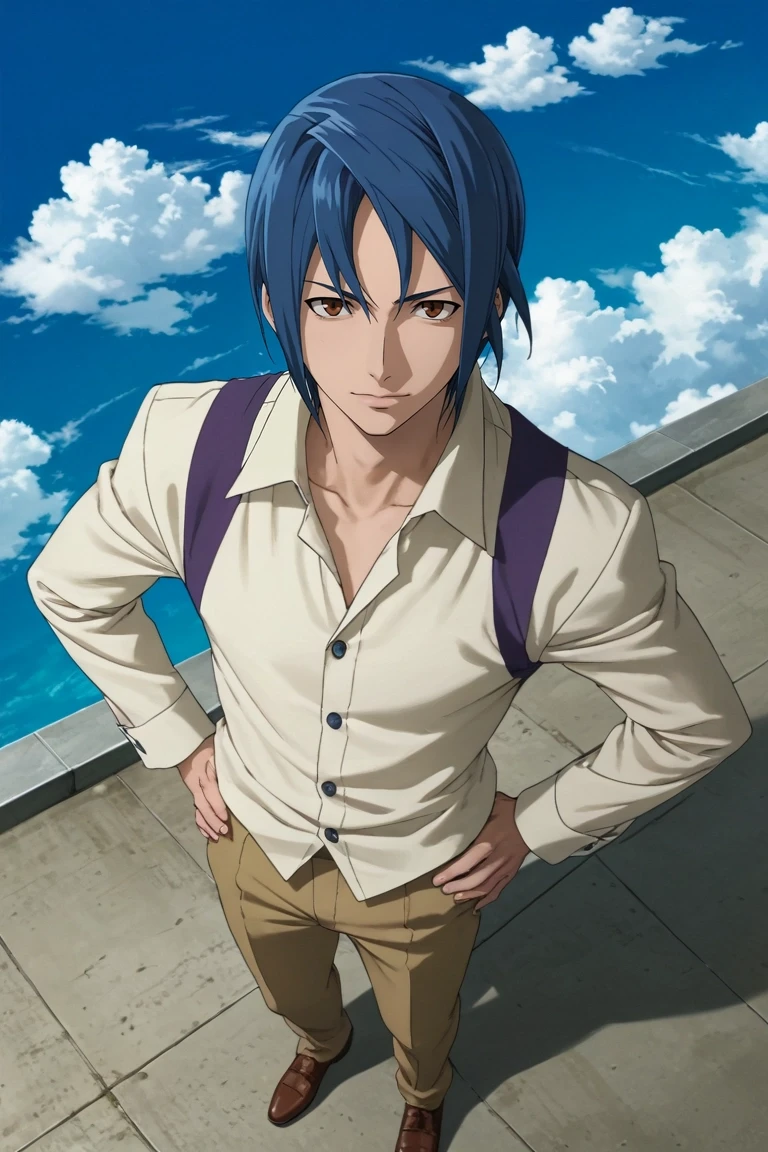 score_9, score_8_up, score_7_up, source_anime, rating_safe, intricate details, semi-realistic, looking at viewer, , 1boy, solo, male focus, <lora:sugata_shindou_pony:0.78>, sugata_shindou, blue hair, brown eyes, short hair, from above, full body, machu picchu, day, clouds, hands on hips, laughing, , <lora:sdxl_lightning_8step_lora:1>