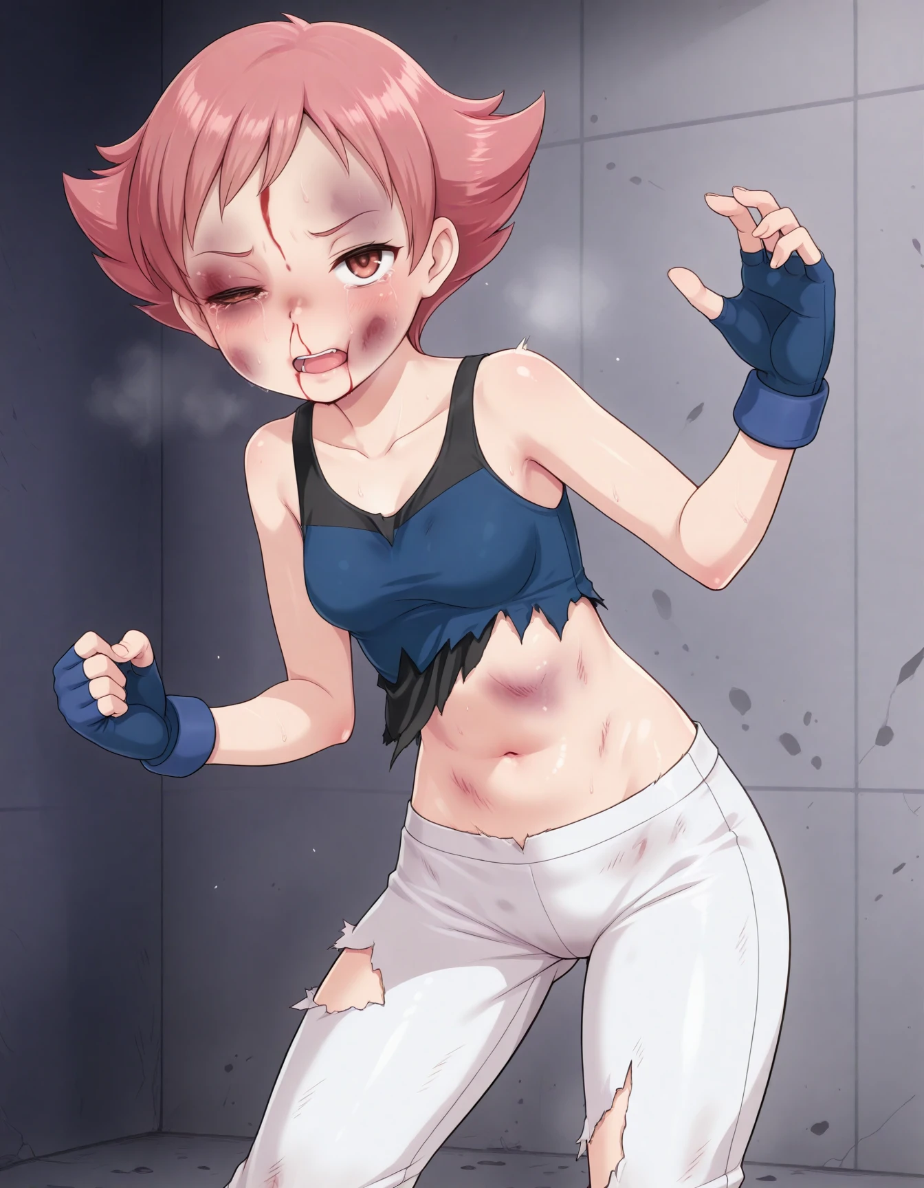 <lora:Hyper8:0.5> (1girl, solo, ryona:1.3),
maylene \(pokemon\), pokemon dppt, pink hair, pink eyes, blue tank top, blue gloves, fingerless gloves, white pants, 
<lora:bruised_face_illustrious-000050:1> bruise, bruise on face, bruised eye, one eye closed, nosebleed, bruised stomach, (torn clothes:1.2), navel,
fighting stance, standing, steam,, masterpiece, best quality, amazing quality, very aesthetic, absurdres