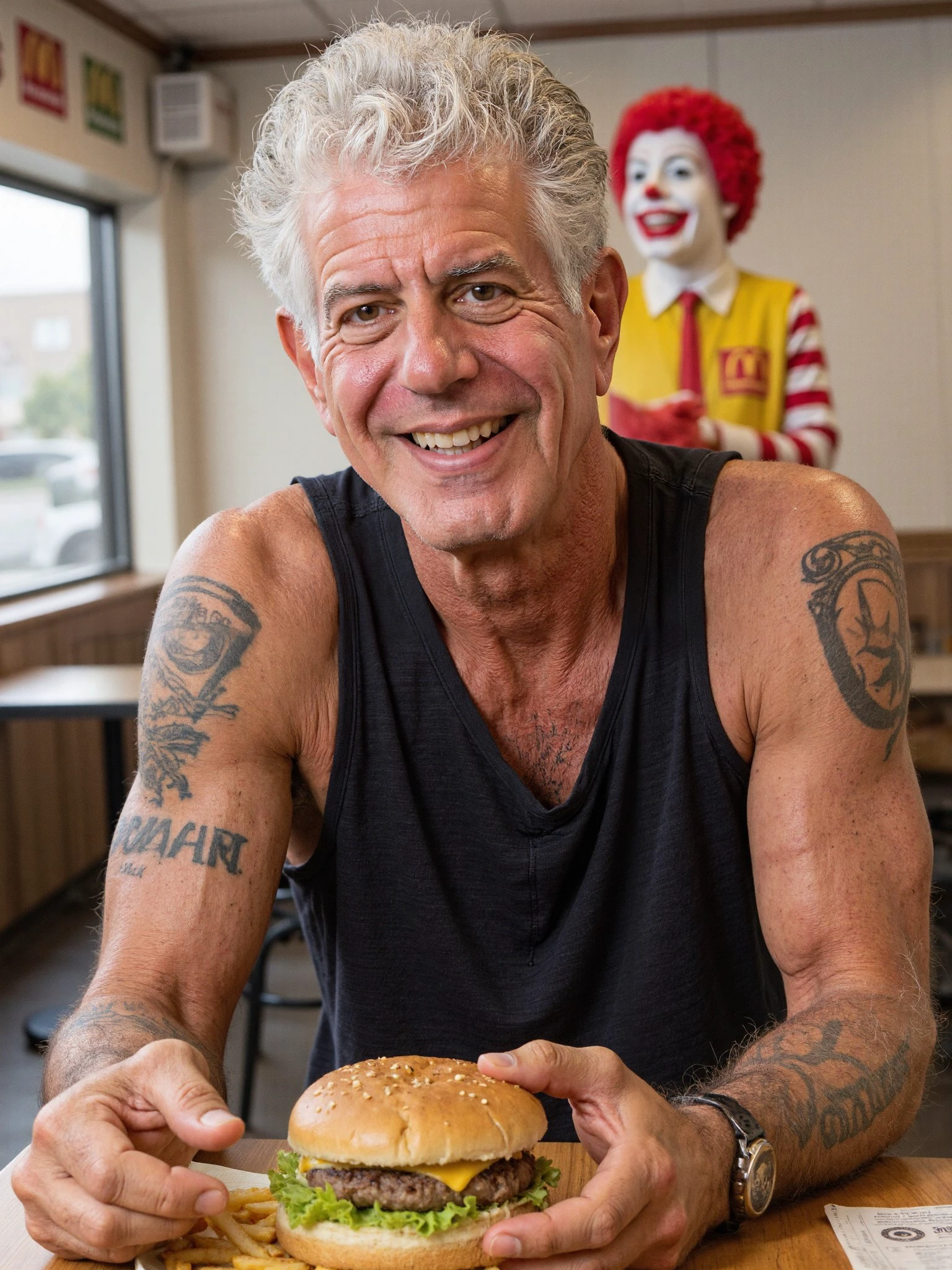 Anthony Bourdain man, wearing black tank top shirt, tattoos on arm, sitting in a McDonalds restaurant, McDonalds hamburger and french fries food in front of him on table, happy, smiling, Ronald McDonald standing behind him smiling, 