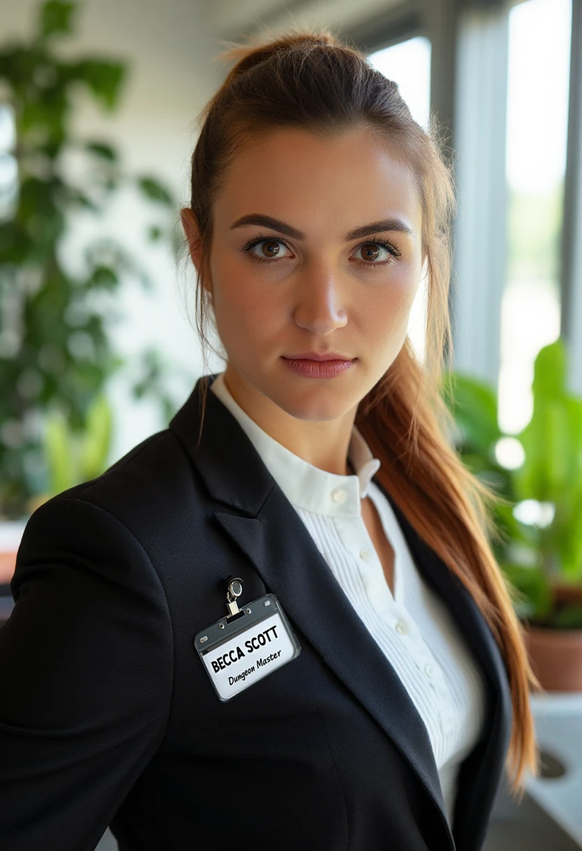 A portrait photo of beccascott, an athletic young woman. She has long light brunette hair bound to a ponytail. She is looking straight at the viewer with a serious and stern expression on her face. Her eyebrows are drawn down, her lips are firmly pressed together. She is wearing a professional white shirt and a black business suit. A simple ID badge with black text name "Becca Scott" and title "Dungeon Master" is clipped to the suit jacket. The background is blurry and shows a modern office with house plants. Sunlight is shining through large windows.