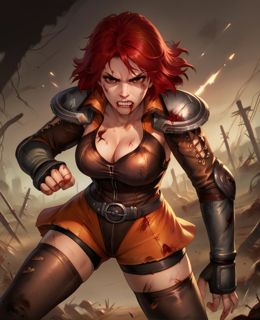 score_9,score_8_up,
Mamiyaxl,red hair,brown eyes,
shoulder pads,leather leotard,cleavage,long sleeves,fingerless gauntlets,blood,
solo,shorts,fighting stance,thighhighs,orange skirt,dynamic angle,serious,looking at viewer,clenched teeth,
wasteland,
<lora:MamiyaXL:0.8>,