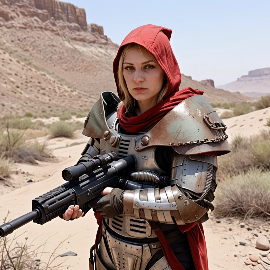 (score_9), score_8_up, score_7_up)),
a female warrior in midwest_pa, 1girl, helmetless, blonde hair, holding_weapon, rifle, female soldier, science fiction, post-apocalyptic, desert, red hood, rugged armor