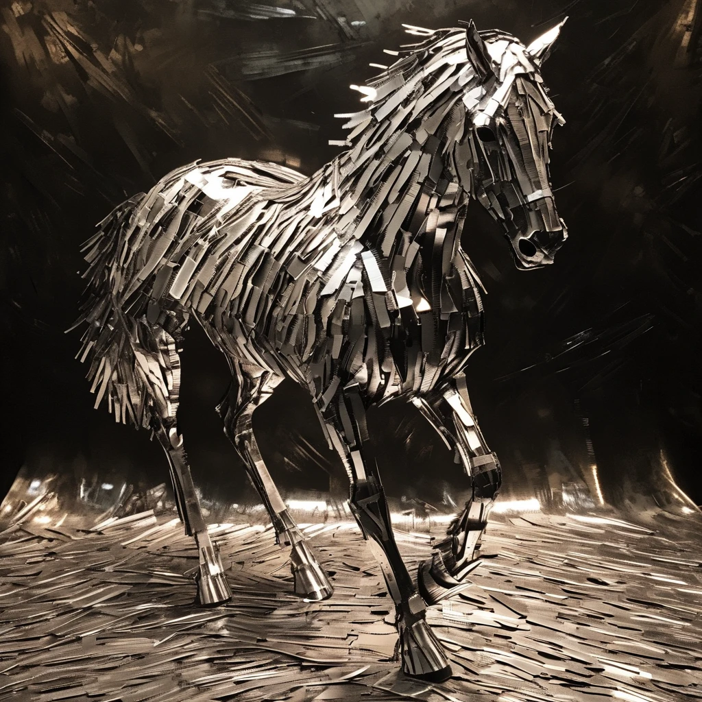 franglamex  professional photo horse in the field made of metal, high details and very detailed, cinematic, professional light, black background <lora:franglamex:1>