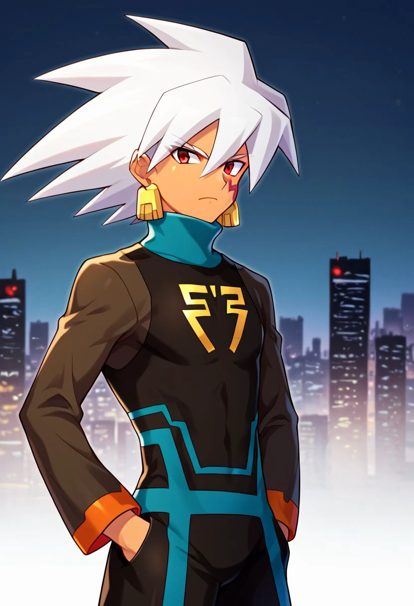 source anime,highly detailed,score 9,score 8 up,score 7 up,solo,1boy,male focus,solo (mega man),white hair, spiked hair, hair between eyes, red eyes, dark skin, bodysuit, crest, earrings, long sleves, orange sleeve cuffs,upper body,cowboy shot,((city)),looking at viewer, facial mark,frown, (hands in pockets,) closed mouth, cowboy shot <lora:SoloMMSF:0.8>