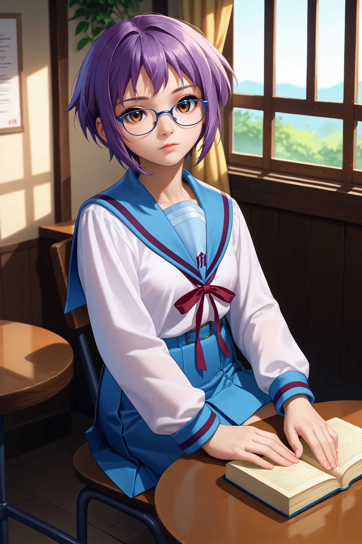 score_9, score_8_up, score_7_up, score_6_up, source_anime, 1girl, solo, <lora:nagatoyuki-pdxl-nvwls-v1-000005:1> yukinagato, purple hair, short hair, brown eyes, long sleeves, glasses, blue sailor collar, white shirt, neck ribbon, pleated skirt, blue skirt, sitting, holding book, indoors, table, window, looking up, looking at you